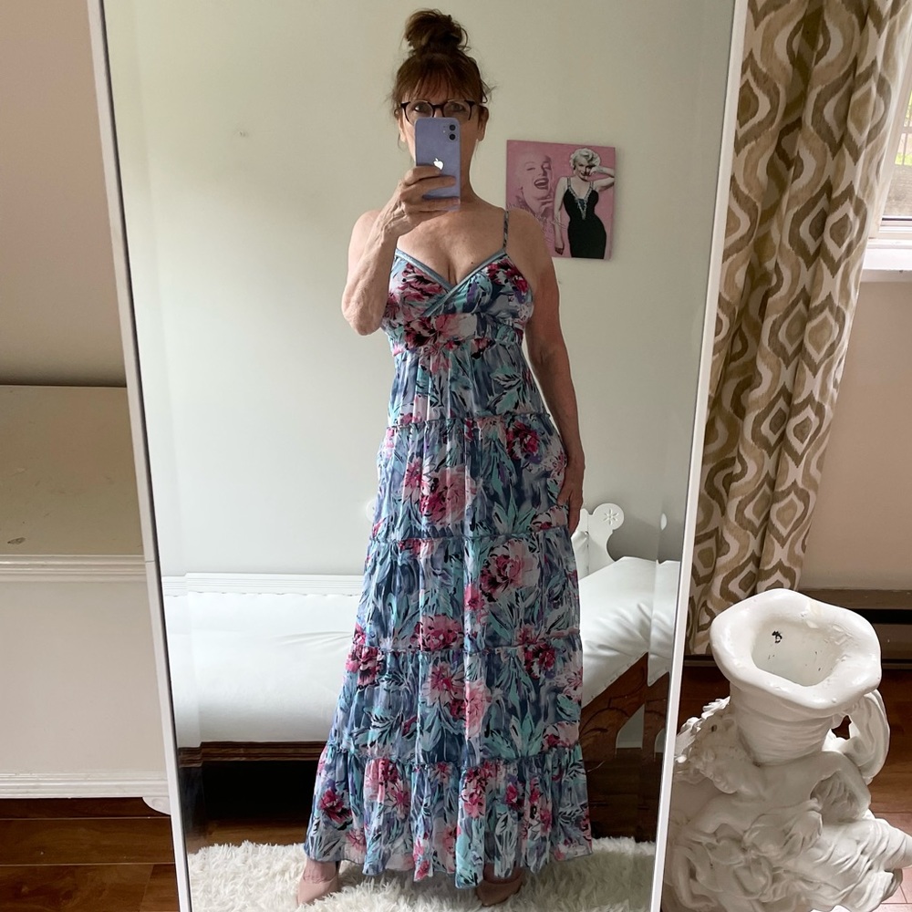 CANDIES BLUE FLOWER DRESS FLOUNCED RUFFLES LINED ADJUSTABLE STRAPS BEADS